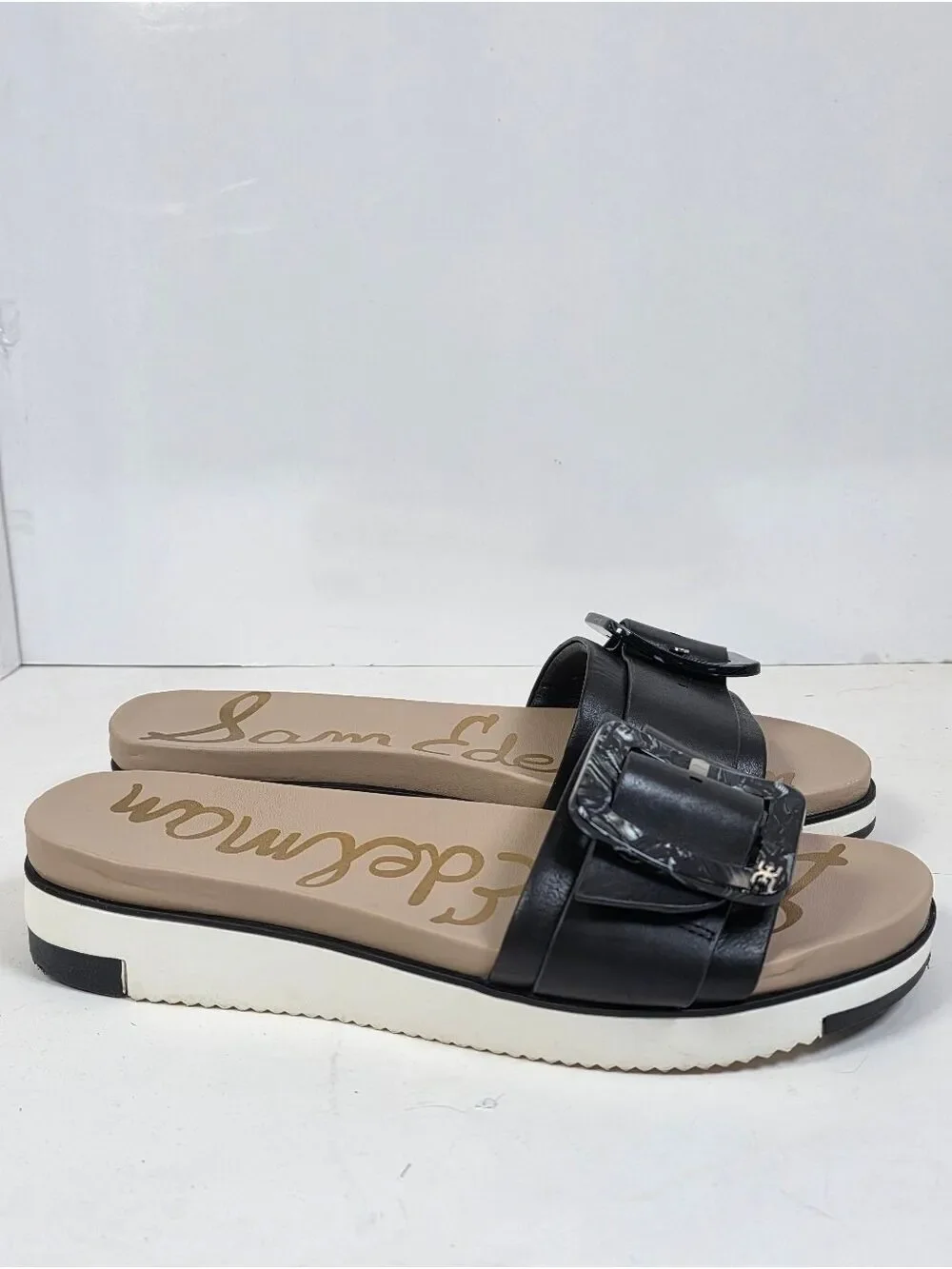 Sam Edelman Ariane Black Leather Buckle Slide Sandals - Picture 3 of 13